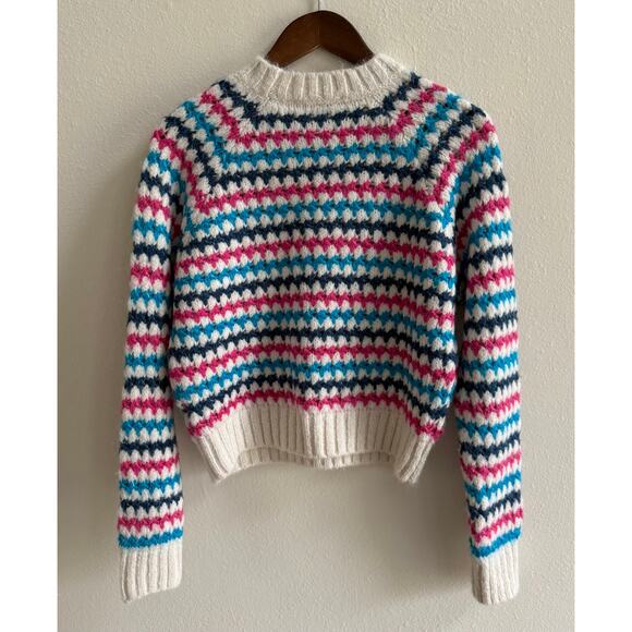 Zara NWT Chunky White Blue Pink Striped Knit Crewneck Pullover Sweater Medium - Picture 6 of 16
